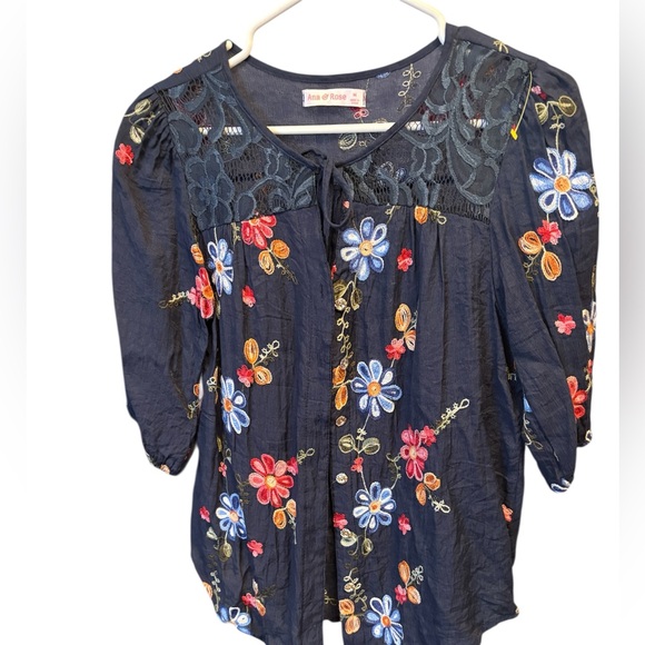 Ana & Rose Tops - Anna & Rose Navy Embroidered Floral Tunic